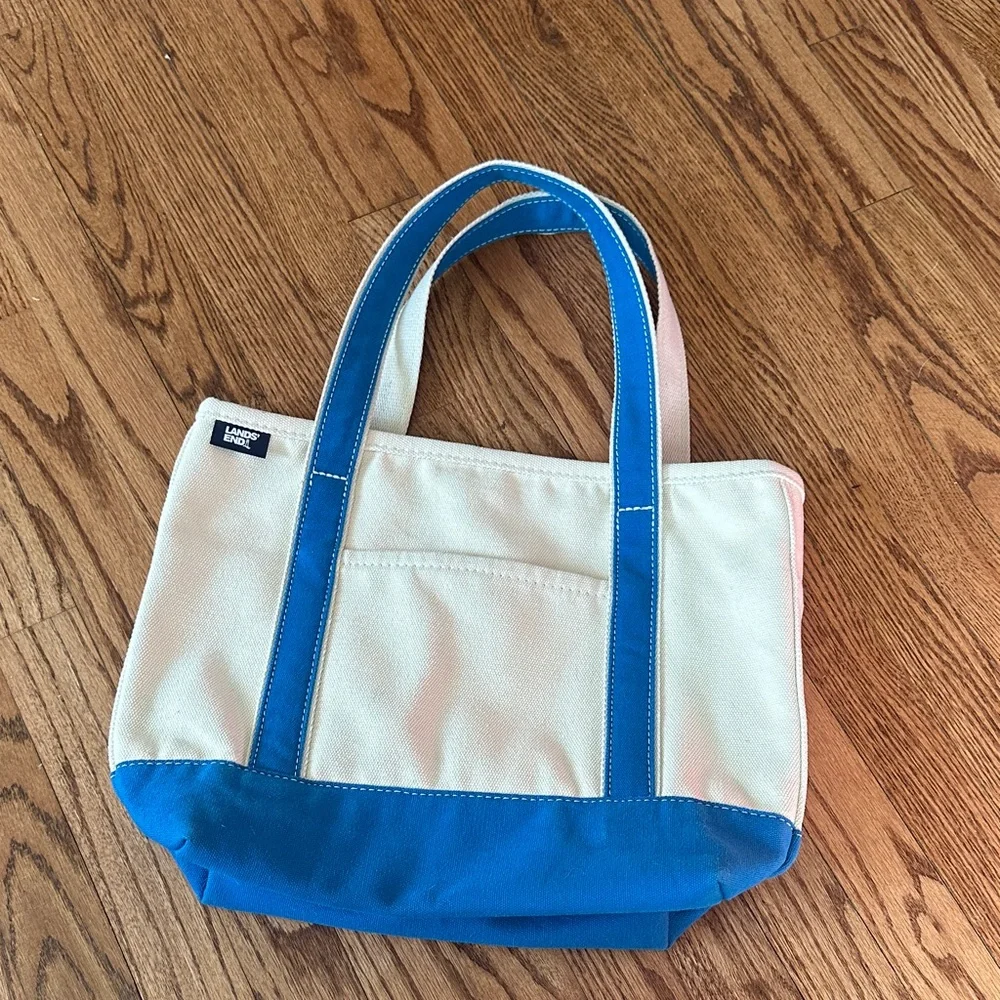 Lands' End Cream Canvas Tote with Bright Blue Trim - Picture 1 of 4